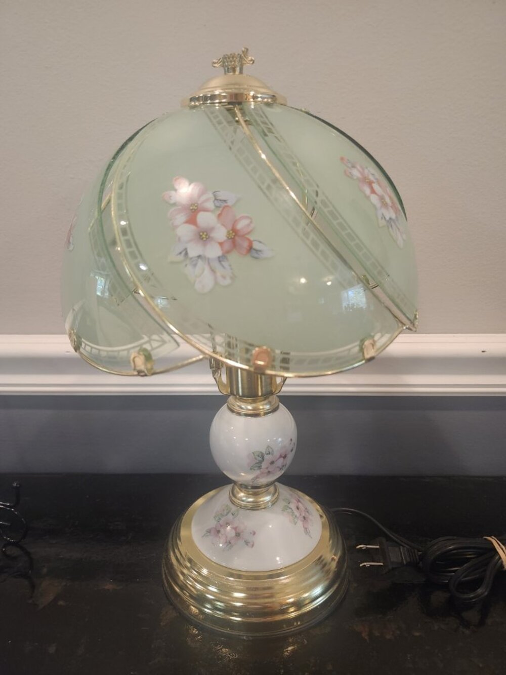 Vintage~3 Way Touch Lamp~Brass~Six Panel~Green Glass~Pink & White Floral~15 1/2"
